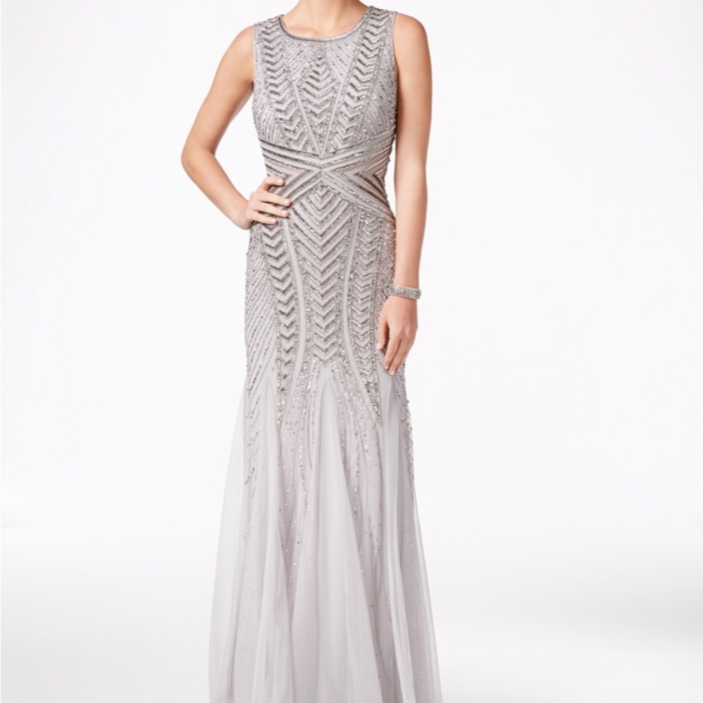 Adrianna Papell Sequined Beaded Tulle Mermaid Gown
